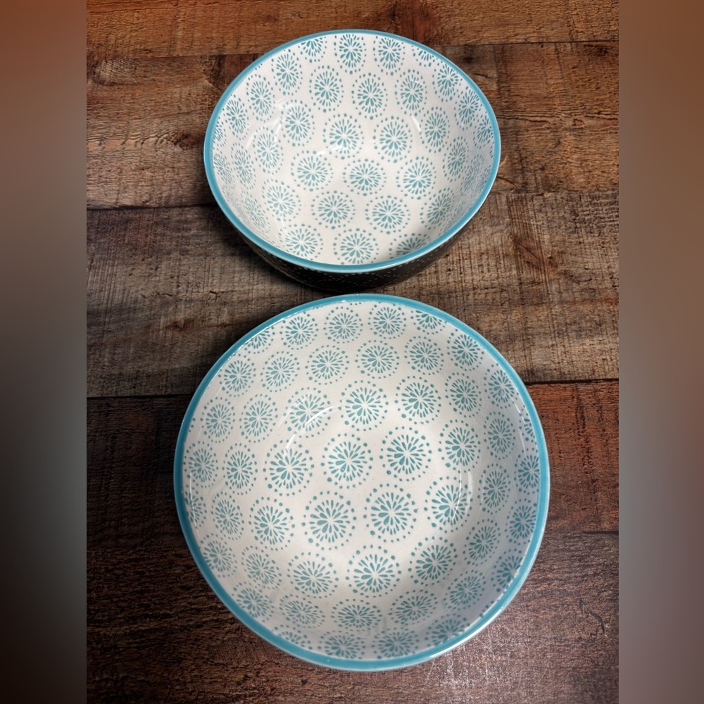 Pfaltzgraff Pad Print Grey Aqua 6” Bowl Cereal Soup Set Of 2 Textured - Picture 3 of 7